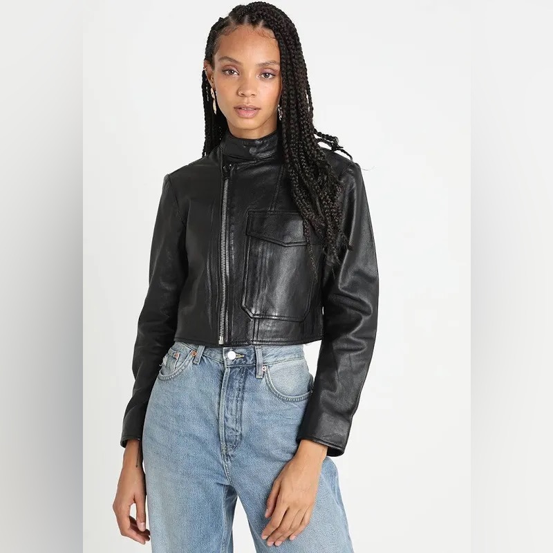G-Star Aefon Cropped Black Soft Leather Biker Jacket, Size Small